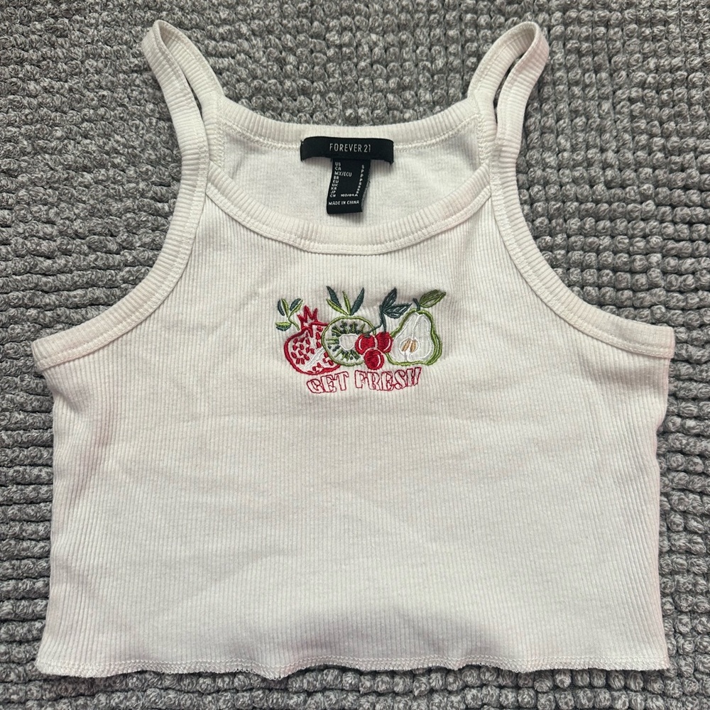 Forever 21 “Get Fresh” White Crop Tank Top